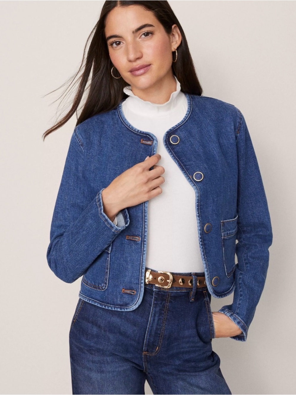 Ann Taylor Blue Denim Round-Neck Jacket with Patch Pockets